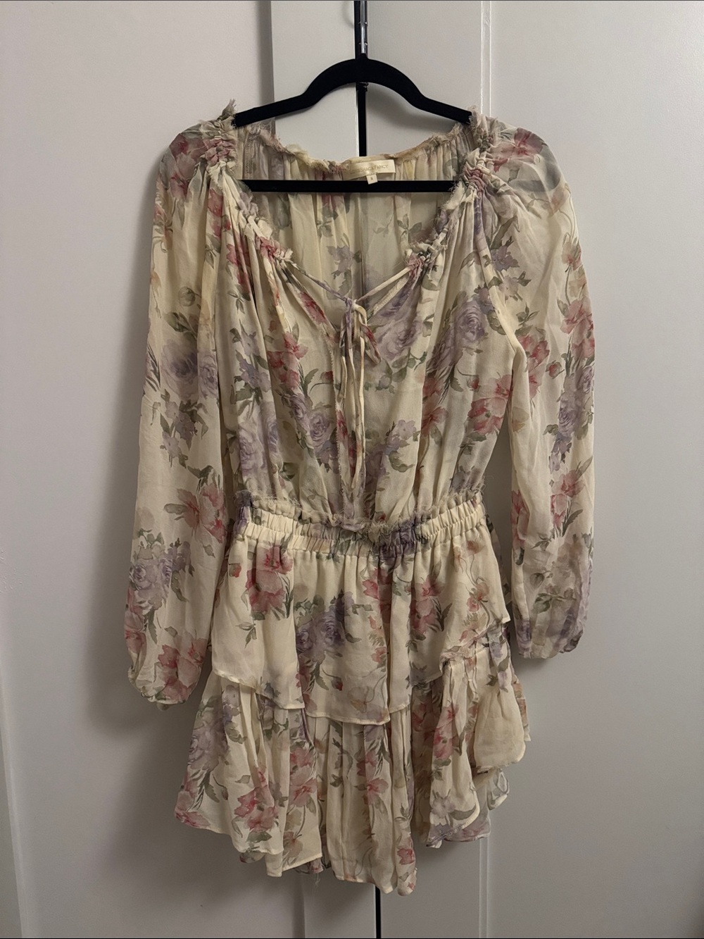 LoveShackFancy Cream Floral Long-Sleeve Tiered Mini Dress - Picture 3 of 3